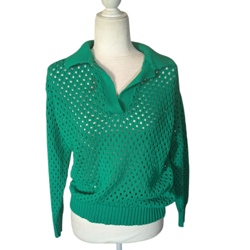 Aerie Open Knit Kelly Green Pullover Polo Preppy Coastal Sweater Sz XS